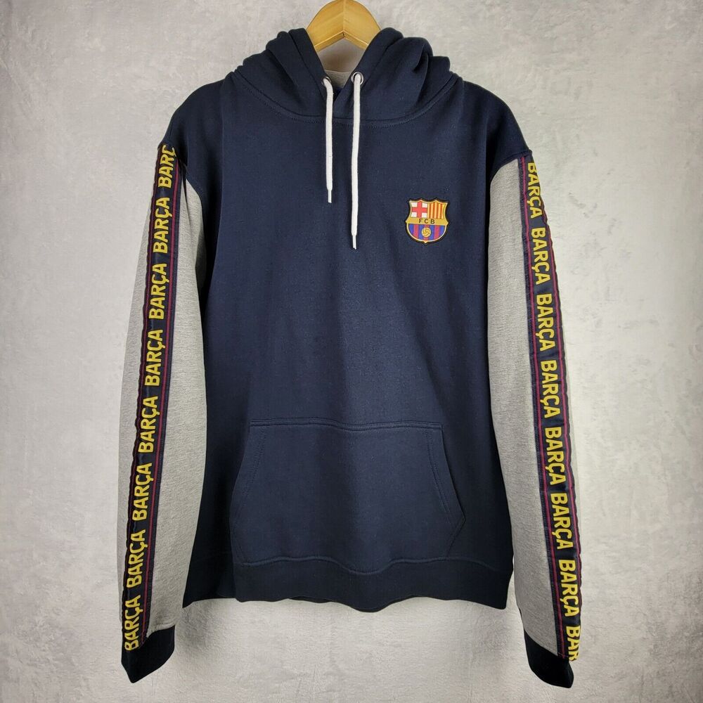 FCB Barcelona Hoodie L Spell Out Logo Navy Gray Sweatshirt Futbol Soccer Gear